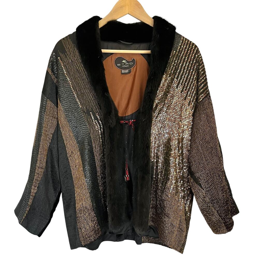 Etro Milano Vintage Runway Real Mink Fur Sequin Embroidered Silk Jacket Sz 46/L - Picture 8 of 16